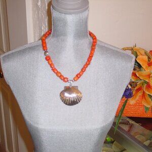 Natural Orange Coral Necklace, Silver Shell Accent and Pendant - NWT